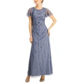 ADRIANNA PAPELL FLUTTER-SLEEVE EMBELLISHED GOWN