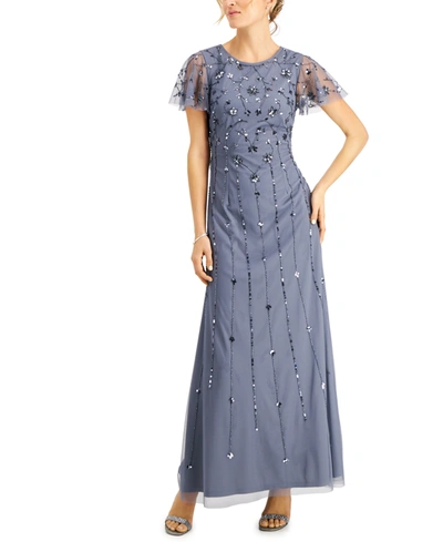 Adrianna Papell Flutter-sleeve Embellished Gown In Dusty Blue
