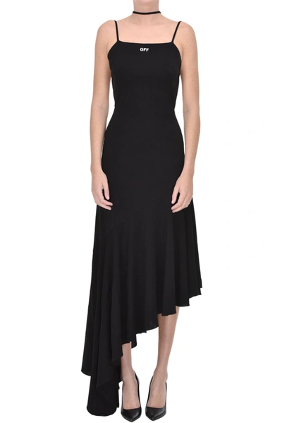 Off-white Logo-print Viscose Asymmetric Midi Dress In Black