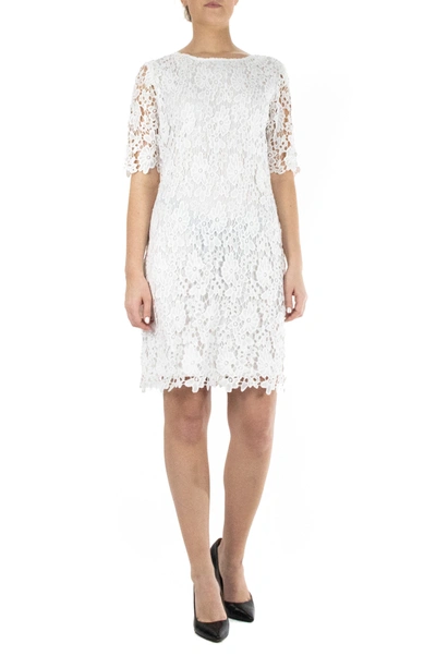 Nina Leonard Jewel Neck Lace Dress In Ivory