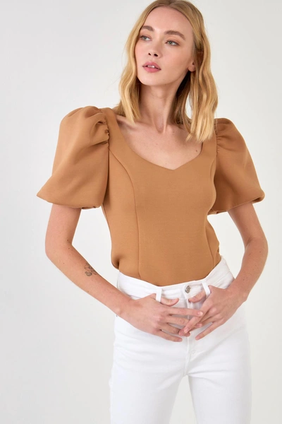 English Factory Scuba Puff Sleeve Top In Tan