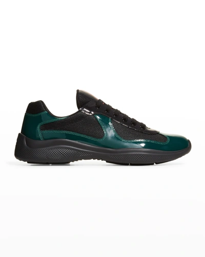 Prada Men's America's Cup Patent Leather & Technical Fabric Sneakers In Petrol Nero