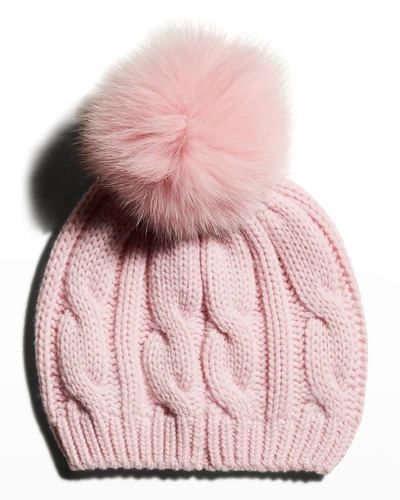 Raffaello Bettini Cashmere Cable Knit Beanie W/ Fur Pompom In Pink