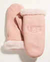 Ugg Logo-embroidered Rounded Leather And Shearling Mittens In Pink Cloud