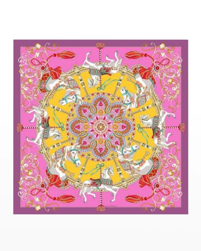 Rani Arabella Carousel-print Cashmere-blend Scarf In Pink