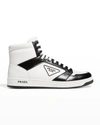 Prada Men's Avenue Logo Bicolor High-top Sneakers In Bianco Ner
