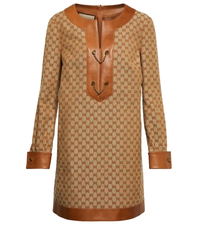 Gucci Gg Leather-trimmed Canvas Minidress In Beige | ModeSens
