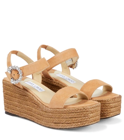 Jimmy Choo Mirabelle 70 Crystal-embellished Suede Espadrille Wedge Sandals In Caramel/crystal