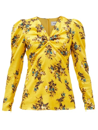 Erdem Dorette Gathered Floral-print Hammered-satin Top In Yellow