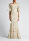 MARCHESA SEQUINED OFF-THE-SHOULDER EMBROIDERED TRUMPET GOWN