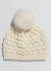 RAFFAELLO BETTINI HONEYCOMB KNIT CASHMERE BEANIE W/ FUR POMPOM