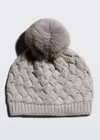 Raffaello Bettini Honeycomb Knit Cashmere Beanie W/ Fur Pompom In Shark