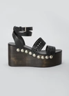 Alaïa 85mm Wooden-heel Wedge Sandals With Vienne Leather Straps And Studs In 999 Noir