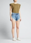 Frame Le Grand Garcon Raw Frayed Cutoff Denim Shorts In Bathe In Patina Rips