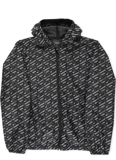 Versace Kids' Greca Monogram Hooded Windbreaker In 5b050 Black Grey