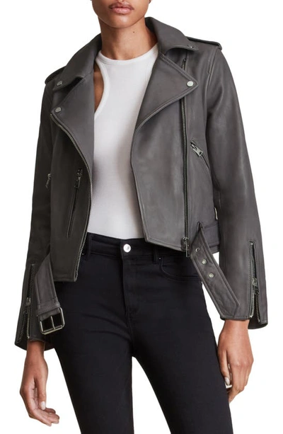 Allsaints Womens Grey Balfern Leather Biker Jacket 14 In Grey