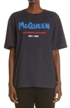 Alexander Mcqueen Unisex Graffiti Glitter Logo Cotton Graphic Tee In Navy/ Multicolor
