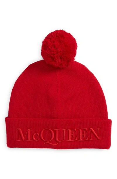 Alexander Mcqueen Cashmere-wool Beanie With Pompom In Red