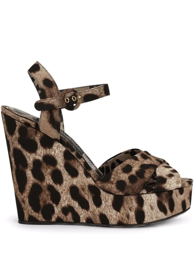 Dolce & Gabbana Leopard-print Canvas Wedge Sandals In Brown