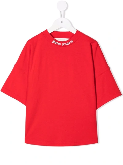 Palm Angels Kids' Red Cotton T-shirt With Classic Logo Print