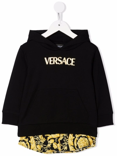 Versace Babies' Embroidered Logo Hooded Dress In Black