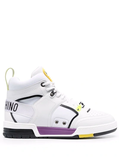 Moschino White Streetball High-top Sneakers In White,purple,yellow