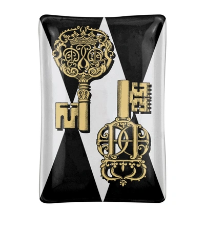 Fornasetti Chiavi Gold And Rombi Rectangular Ashtray In White/black/gold