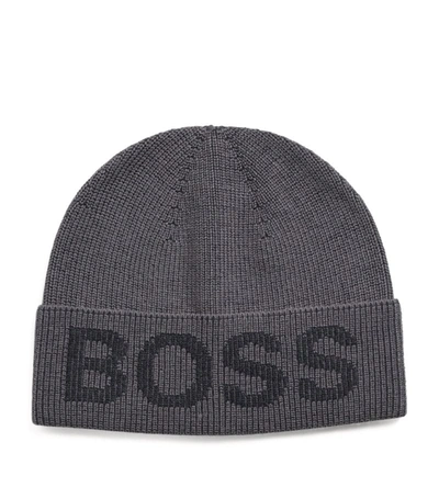 Hugo Boss Cotton Blend Beanie Hat With Logo Structure In Grey