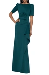 Xscape Side Ruched Ruffle Details Scuba Crepe Gown In Hunter