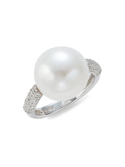 Effy Women's 14k White Gold, 13mm Round Freshwater Pearl & Diamond Ring/size 7