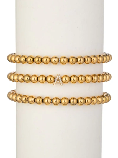 Eye Candy La Women's Luxe Collection 3-piece Initial Goldtone Beaded & Cubic Zirconia Bracelet Set In Letter A