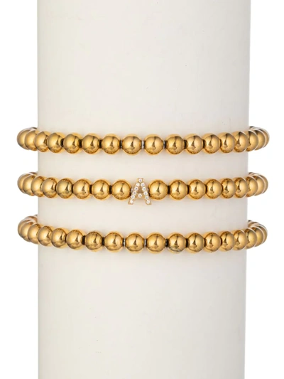 EYE CANDY LA WOMEN'S LUXE COLLECTION 3-PIECE INITIAL GOLDTONE BEADED & CUBIC ZIRCONIA BRACELET SET