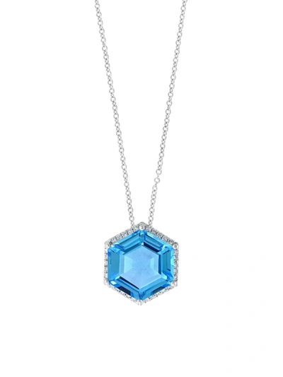 Effy Women's 14k White Gold, Diamond And Blue Topaz Hexagon Pendant Necklace