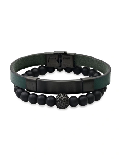 Anthony Jacobs Men's 2-piece Stainless Steel, Leather & Black Lava Beaded Bracelet Set