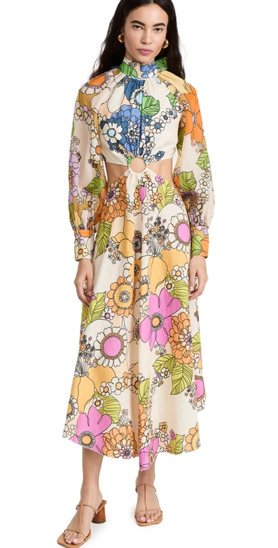 Alemais Farrah Cutout Mock Neck Linen Midi Dress In Multi