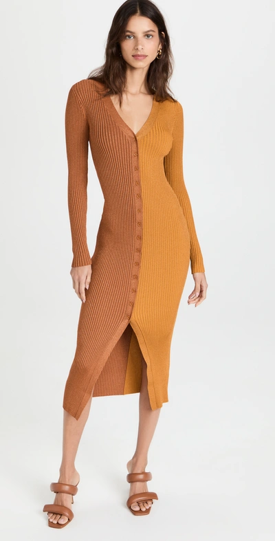 Staud Shoko Long Sleeve Color Block Sweater Dress In Bronze/ Ochre