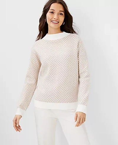 Ann Taylor Herringbone Mock Neck Sweater In Caramel Glaze