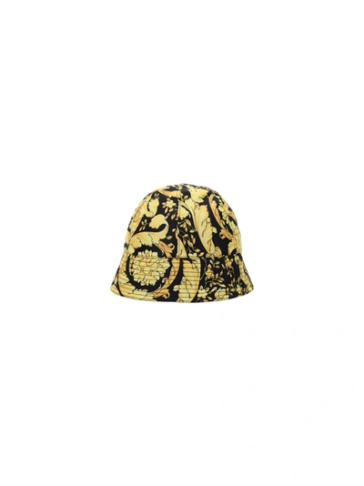 Versace Bucket Hat With All-over Baroque Print In Gold,black