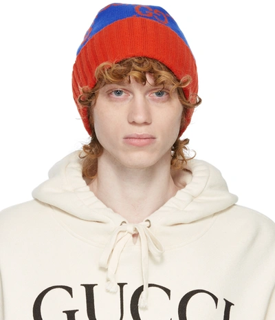 Gucci Blue & Orange Wool Gg Beanie In Bluette,orange