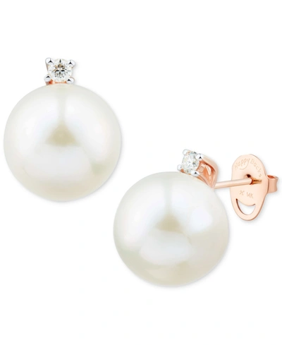 Honora Cultured White Ming Pearl (12mm) & Diamond (1/8 Ct. T.w.) Stud Earrings In 14k Yellow, White Or Rose In Rose Gold