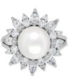 Macy's Cultured Freshwater Pearl (10mm) & Cubic Zirconia Flower Ring In Sterling Silver In Sterling Silver