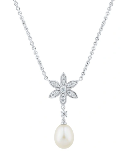 Macy's Cultured Freshwater Pearl (8 - 8-1/2mm) & White Topaz (3/8 Ct. T.w.) Flower 18" Pendant Necklace In In Sterling Silver