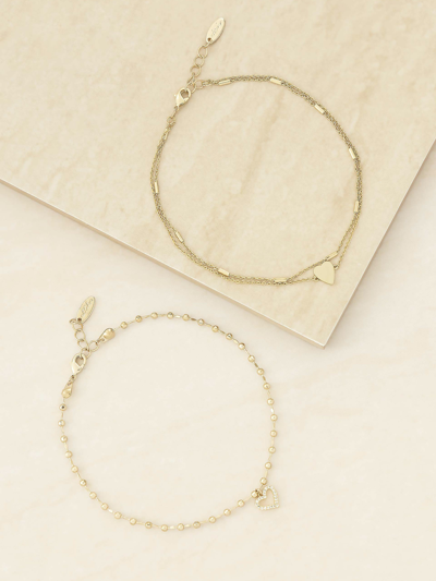 Ettika Gold Plated Delicate Chain Heart Anklet Set Of 2
