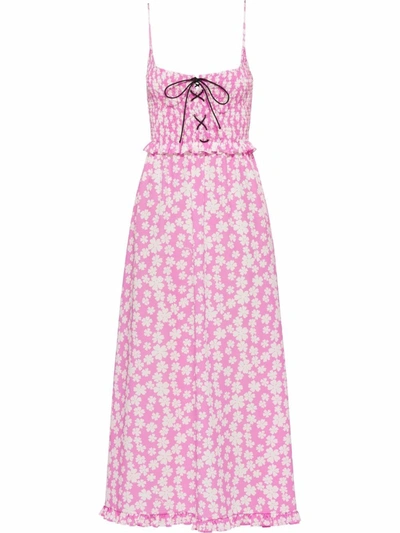 Miu Miu Floral-print Smocked Lace-up Silk Midi Dress In Pink