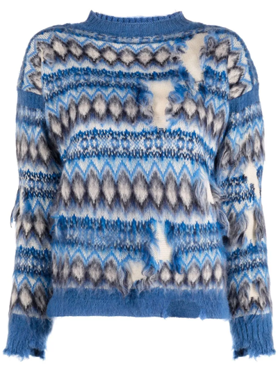 Maison Margiela Distressed Fair Isle Wool And Cotton-blend Sweater In Blue