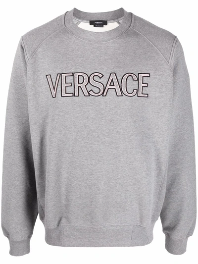 Versace Logo-embroidered Cotton Sweatshirt In Grey