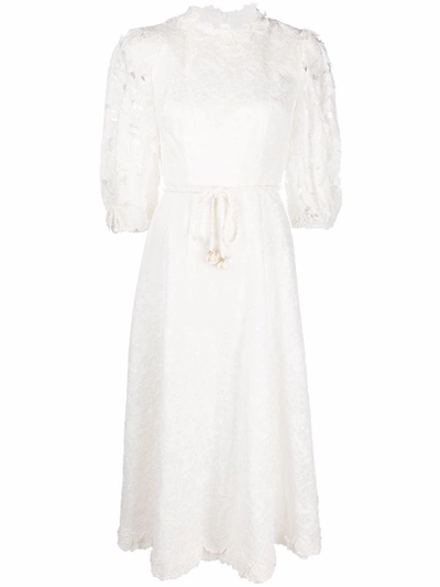 Zimmermann Lola Belted Embroidered Ramie Midi Dress In Ivory