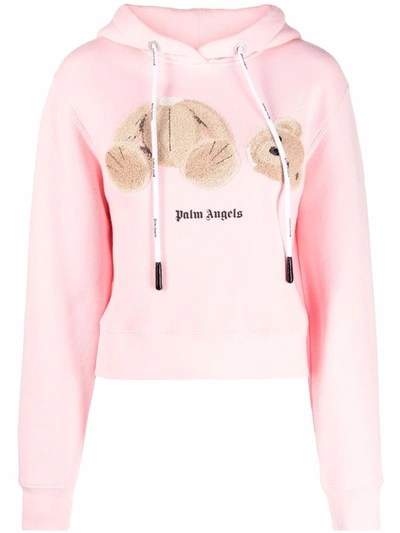Palm Angels Bear Print Pink Cropped Hoodie In Almond Blossom Brown