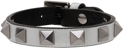 Valentino Garavani Rockstud Crystal Metallic Leather Bracelet In T29 Silver/nero/pall