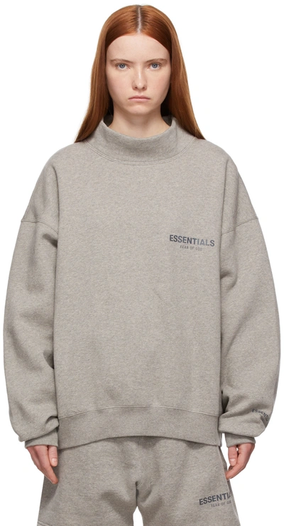 Essentials Grey Pullover Mockneck Sweatshirt In Heather Oatmeal